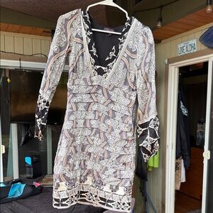 Hale Bob Sheer Patterned V-Neck Long Sleeve Dress - Black, Gray & Cream  XS
